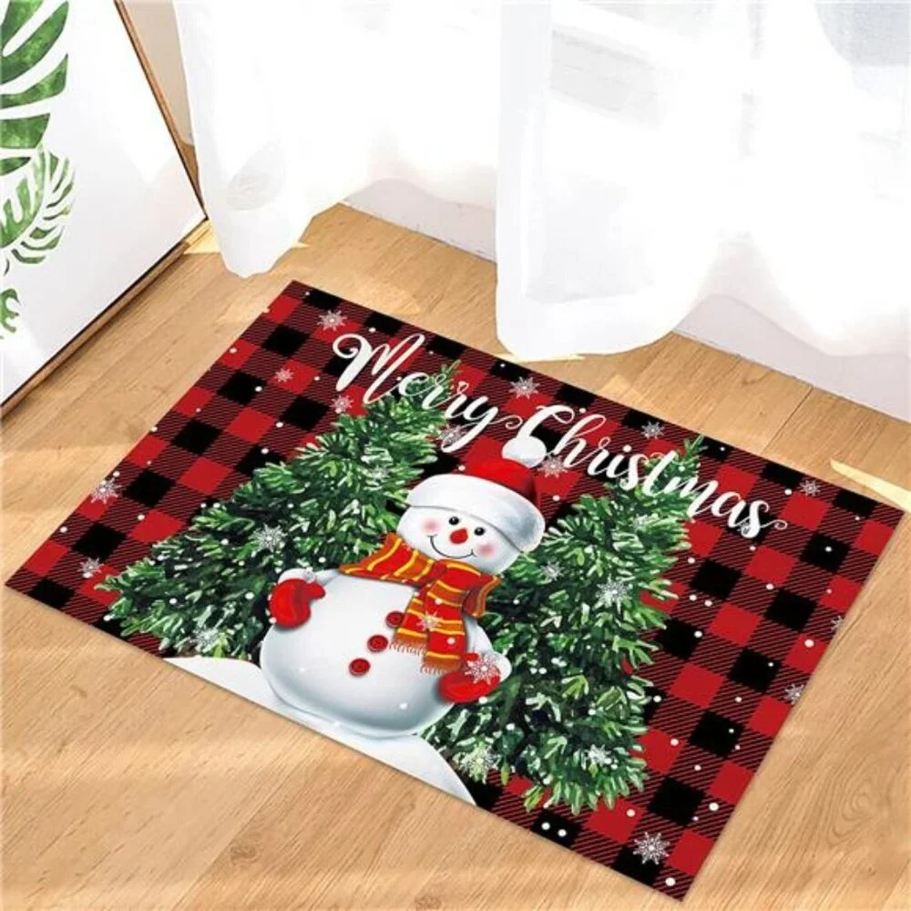Snowman Trees Entrance Door Mat, Red Plaid Low Profile Tradition Christmas Decor